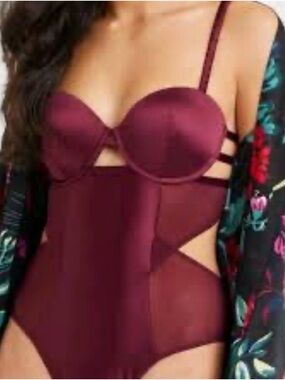 Auden Satin & Mesh Plunge Bodysuit in Wine